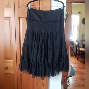 NWOT Twenty One Black Tiered 100% Silk Full Flowy Beaded Bedazzled A-Line Skirt